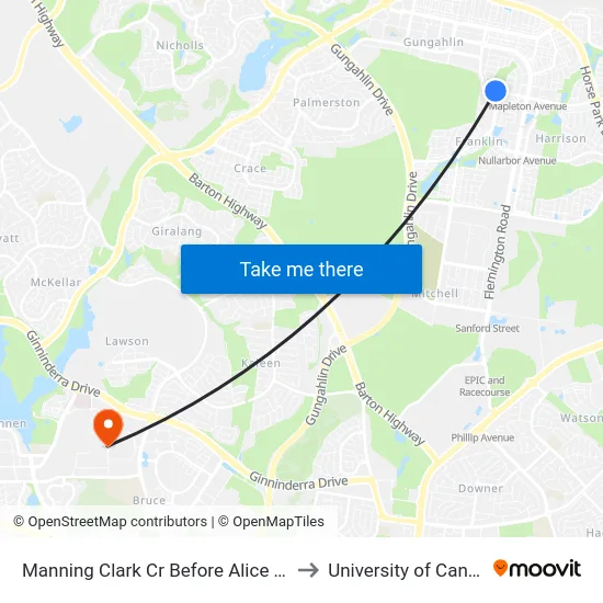Manning Clark Cr Before Alice Crist St to University of Canberra map
