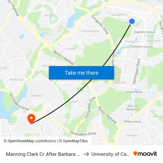 Manning Clark Cr After Barbara Jefferis St to University of Canberra map