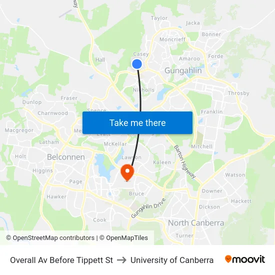 Overall Av Before Tippett St to University of Canberra map