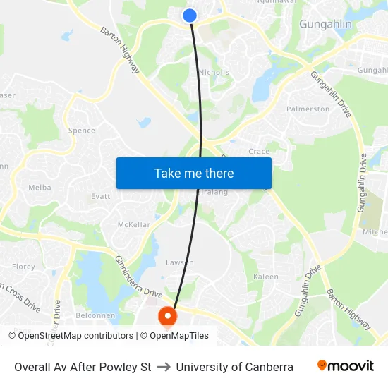 Overall Av After Powley St to University of Canberra map
