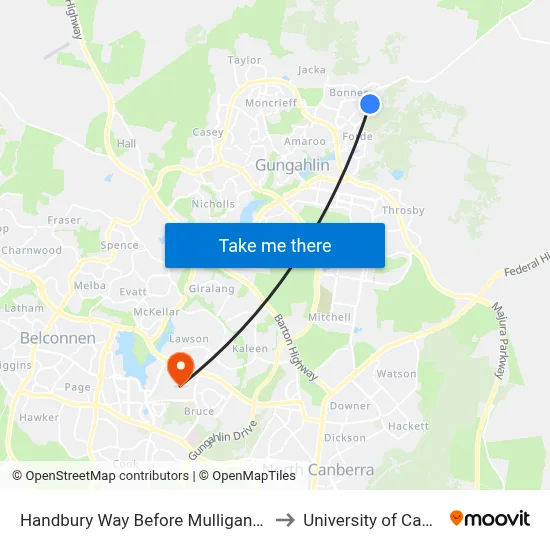 Handbury Way Before Mulligans Flat Rd to University of Canberra map