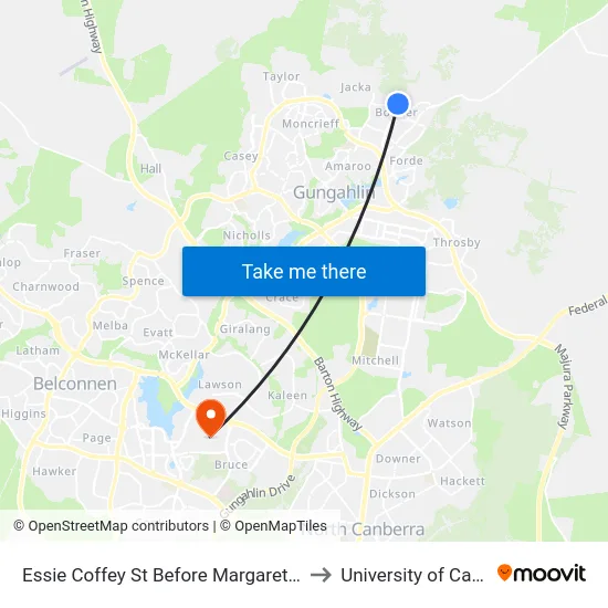 Essie Coffey St Before Margaret Tucker St to University of Canberra map