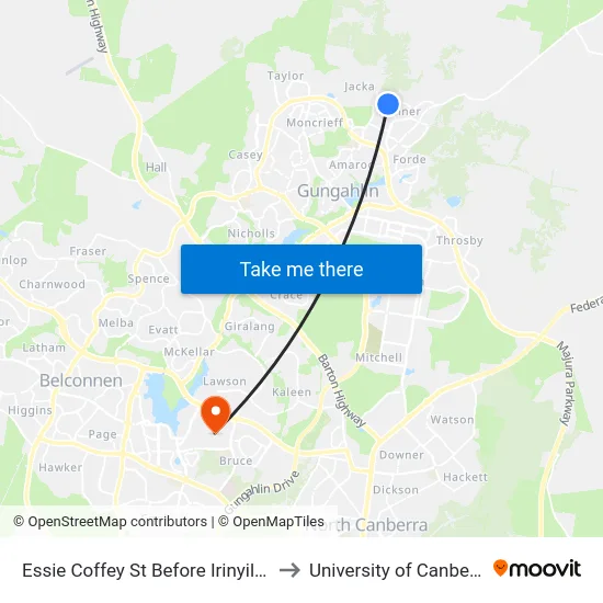 Essie Coffey St Before Irinyili St to University of Canberra map