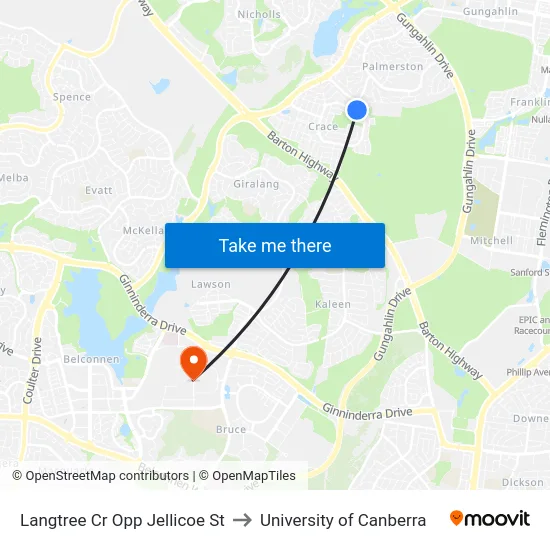 Langtree Cr Opp Jellicoe St to University of Canberra map