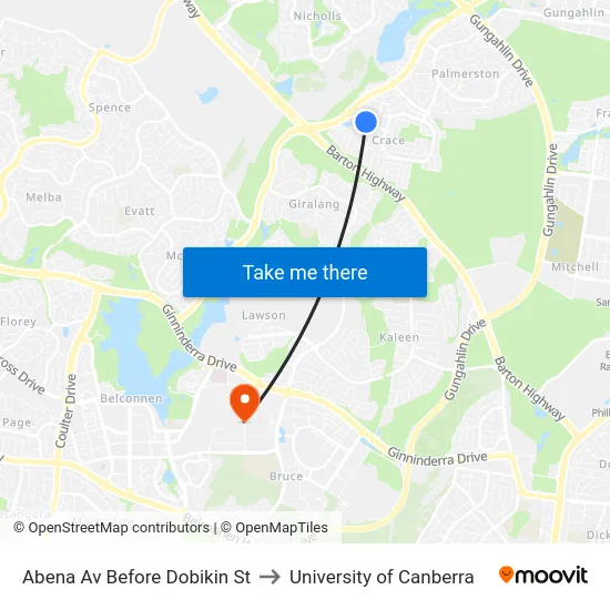 Abena Av Before Dobikin St to University of Canberra map