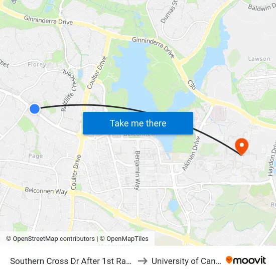 Southern Cross Dr After 1st Ratcliffe St to University of Canberra map