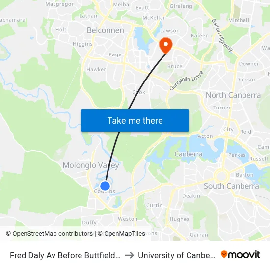Fred Daly Av Before Buttfield St to University of Canberra map
