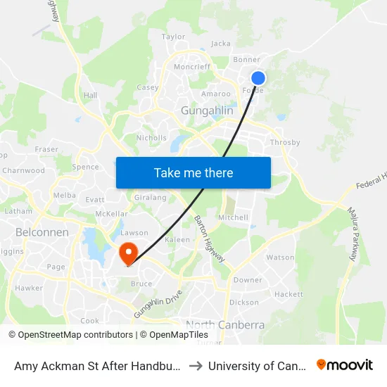 Amy Ackman St After Handbury Way to University of Canberra map