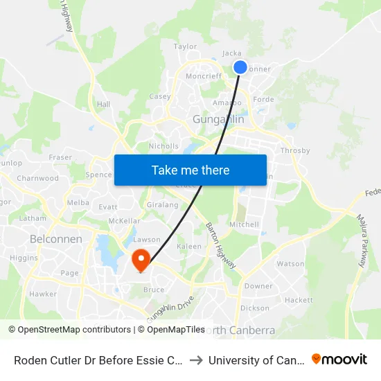 Roden Cutler Dr Before Essie Coffey St to University of Canberra map