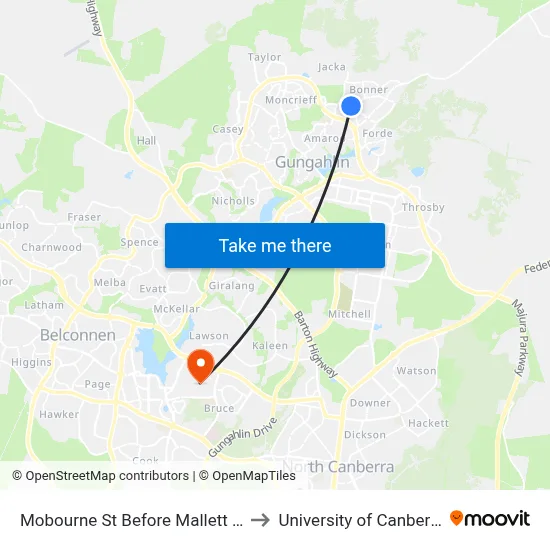 Mobourne St Before Mallett St to University of Canberra map