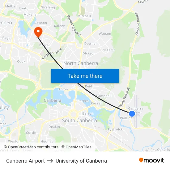 Canberra Airport to University of Canberra map