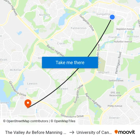 The Valley Av Before Manning Clark Cr to University of Canberra map