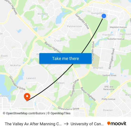 The Valley Av After Manning Clark Cr to University of Canberra map