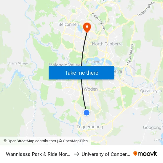 Wanniassa Park & Ride North to University of Canberra map