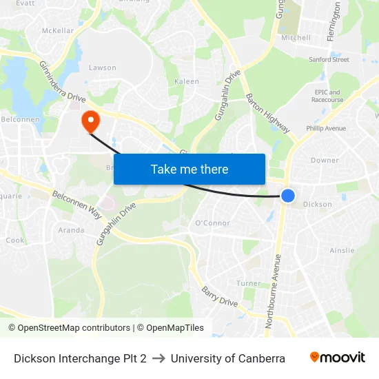Dickson Interchange Plt 2 to University of Canberra map