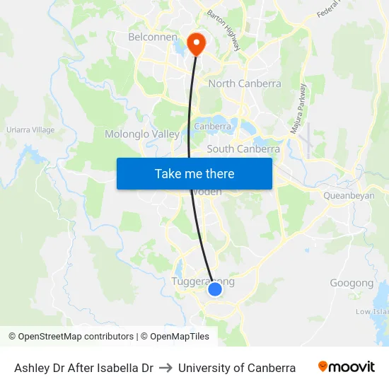Ashley Dr After Isabella Dr to University of Canberra map