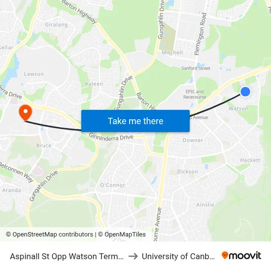 Aspinall St Opp Watson Terminus to University of Canberra map