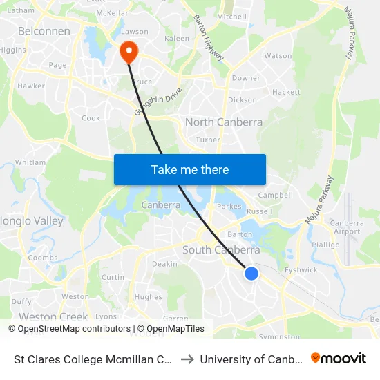 St Clares College Mcmillan Cr Sso to University of Canberra map