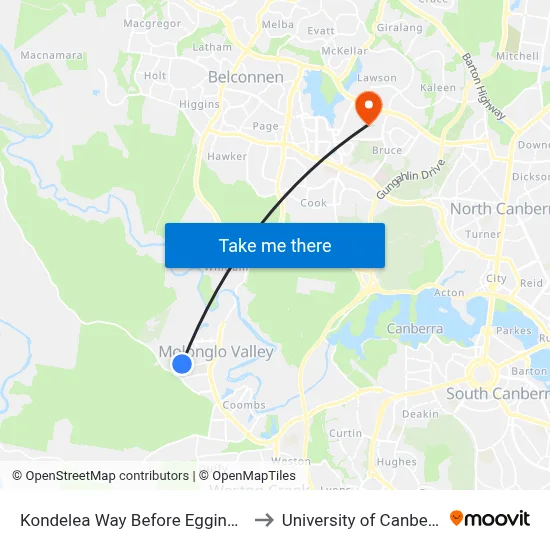 Kondelea Way Before Eggins St to University of Canberra map