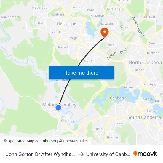 John Gorton Dr After Wyndham Av to University of Canberra map