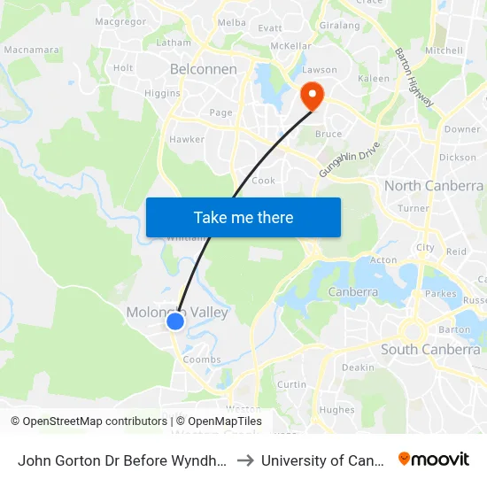 John Gorton Dr Before Wyndham Av to University of Canberra map