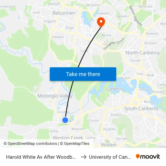 Harold White Av After Woodberry Av to University of Canberra map