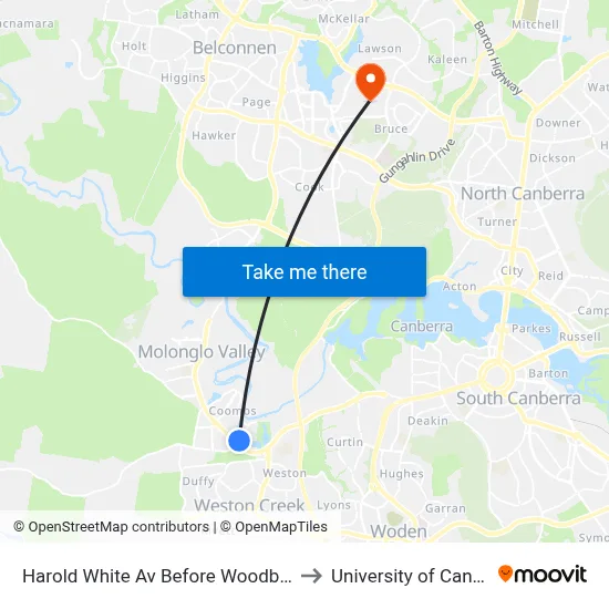 Harold White Av Before Woodberry Av to University of Canberra map