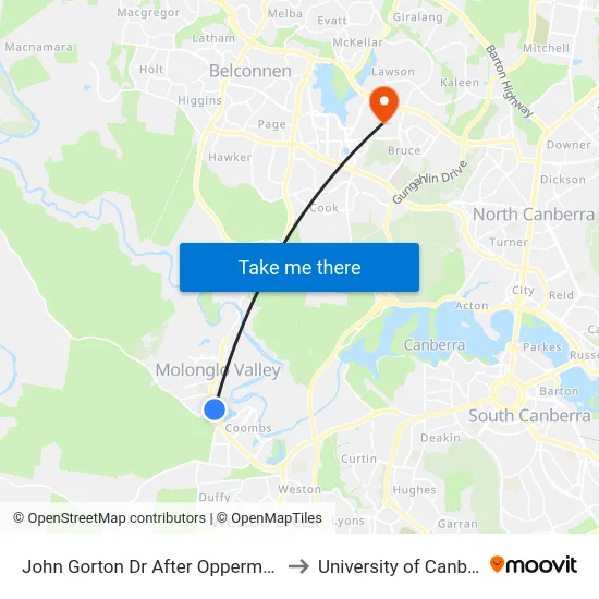 John Gorton Dr After Opperman Av to University of Canberra map