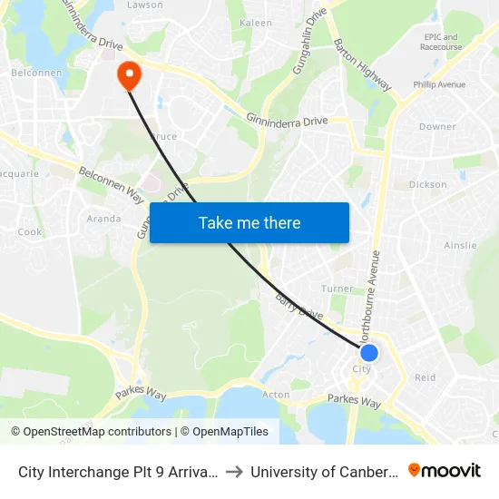 City Interchange Plt 9 Arrivals to University of Canberra map