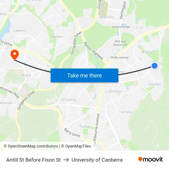Antill St Before Fison St to University of Canberra map