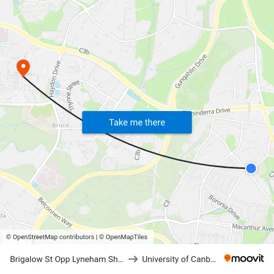 Brigalow St Opp Lyneham Shops to University of Canberra map