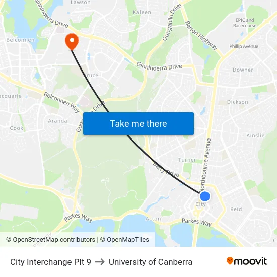 City Interchange Plt 9 to University of Canberra map