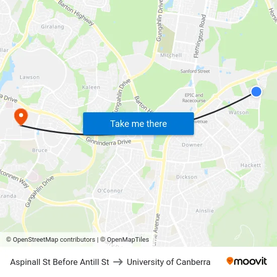 Aspinall St Before Antill St to University of Canberra map