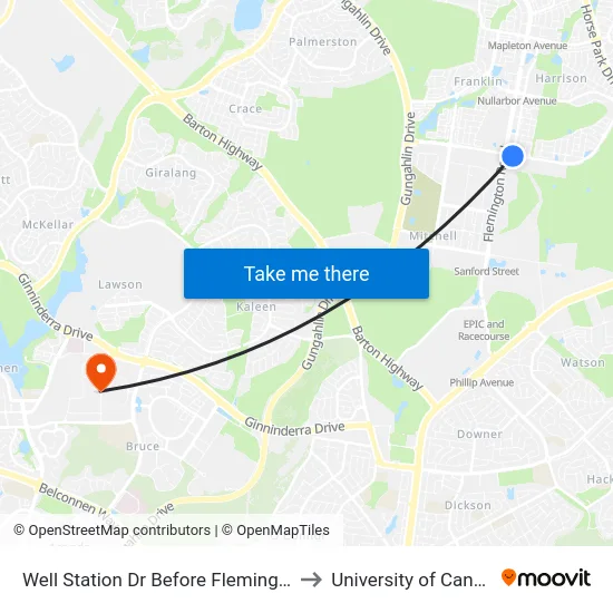 Well Station Dr Before Flemington Rd to University of Canberra map