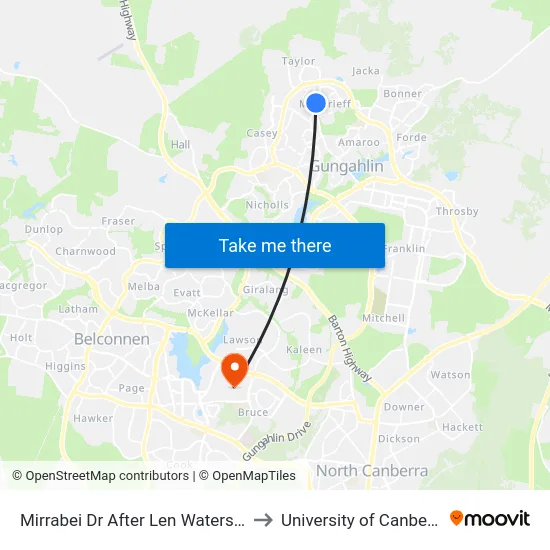 Mirrabei Dr After Len Waters St to University of Canberra map
