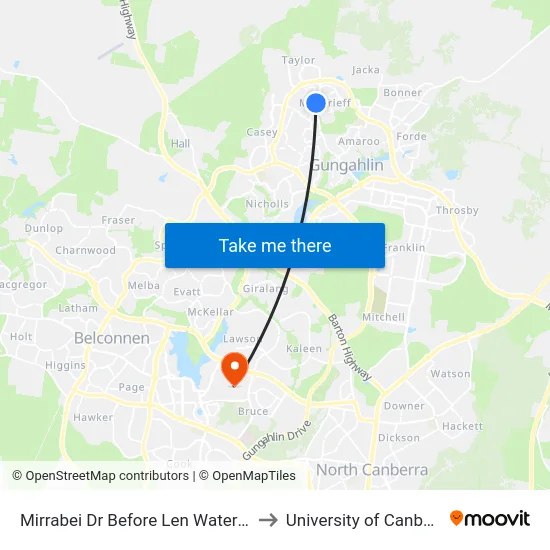 Mirrabei Dr Before Len Waters St to University of Canberra map