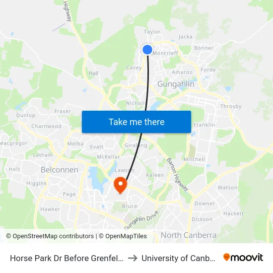 Horse Park Dr Before Grenfell Av to University of Canberra map