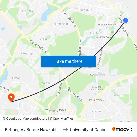 Bettong Av Before Hawksbill St to University of Canberra map