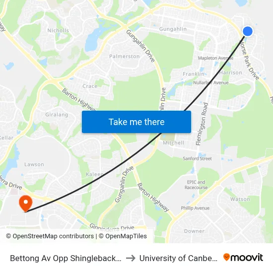 Bettong Av Opp Shingleback St to University of Canberra map