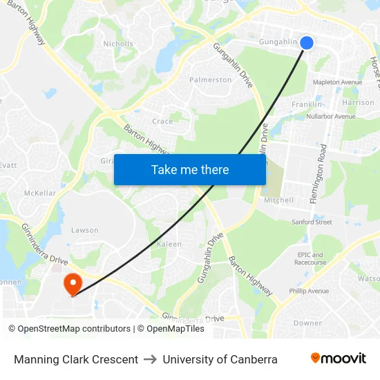 Manning Clark Crescent to University of Canberra map