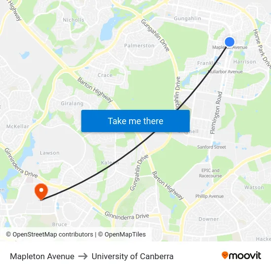Mapleton Avenue to University of Canberra map