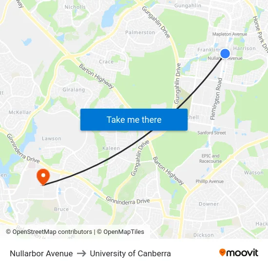 Nullarbor Avenue to University of Canberra map