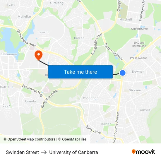 Swinden Street to University of Canberra map