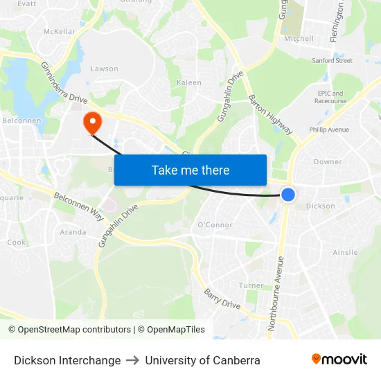 Dickson Interchange to University of Canberra map
