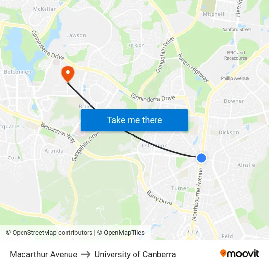 Macarthur Avenue to University of Canberra map