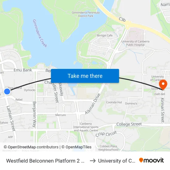 Westfield Belconnen Platform 2 Set Down Only to University of Canberra map