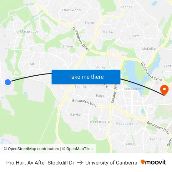 Pro Hart Av After Stockdill Dr to University of Canberra map