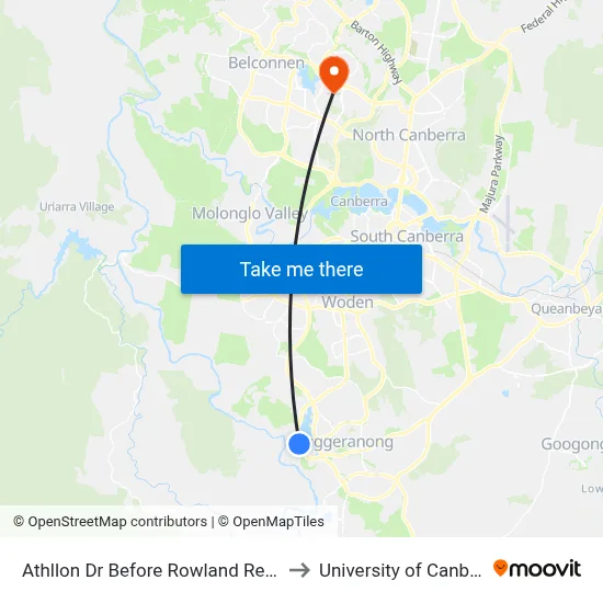 Athllon Dr Before Rowland Rees Cr to University of Canberra map
