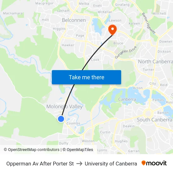 Opperman Av After Porter St to University of Canberra map