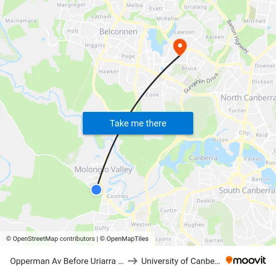 Opperman Av Before Uriarra Rd to University of Canberra map